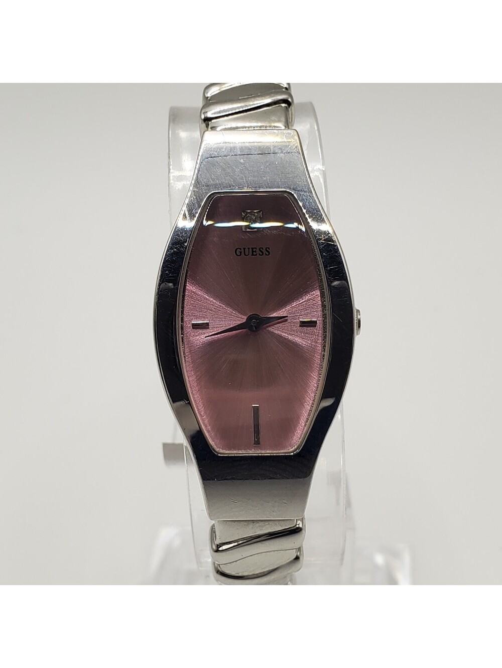 Guess Pink Dial Rectangle Womens Watch  17mm Silver Tone New Battery